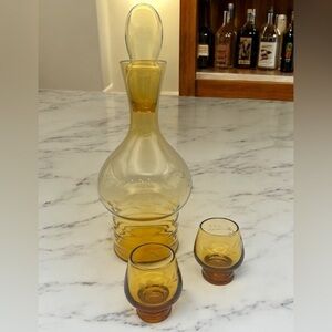 Vintage Mid-Century Etched Elegant Amber Glass Petite Decanter/Glass Set